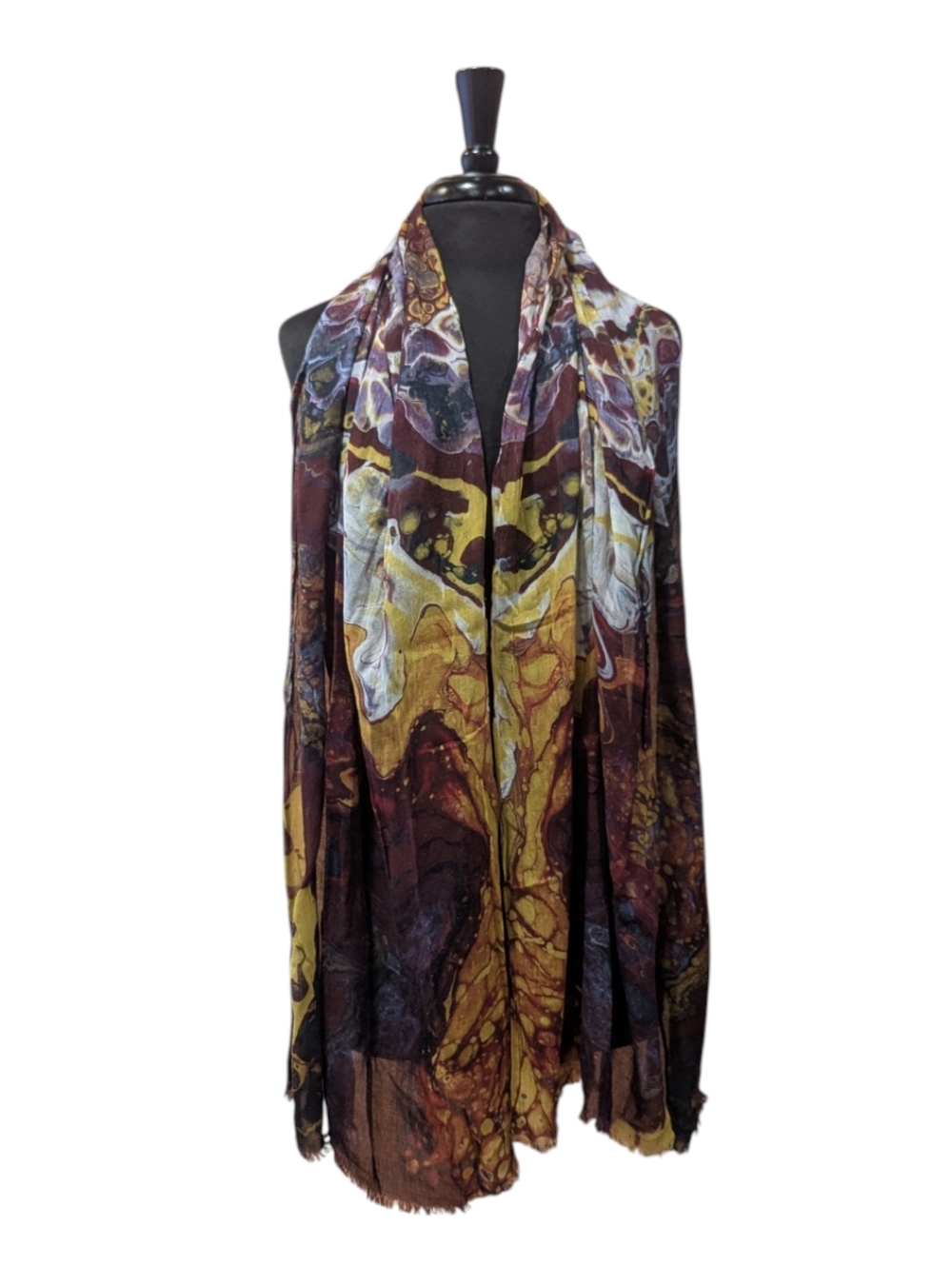 VIDA Cashmere & Modal Marble-Print Lightweight Wrap in Yellow & Burgundy Soft